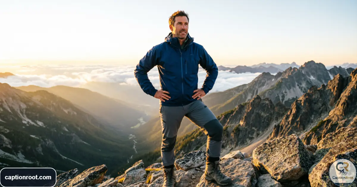 Hiker celebrating at a mountain summit above a wide scenic valley
