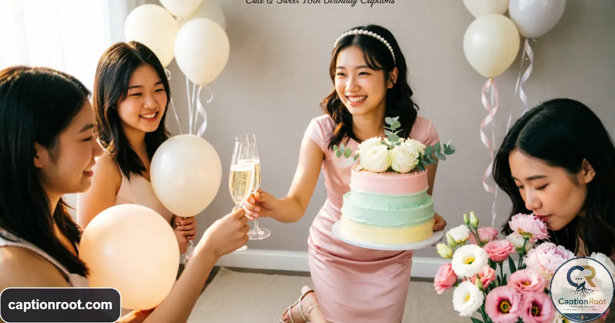 Young woman celebrating her 18th birthday with flowers, cake, and friends