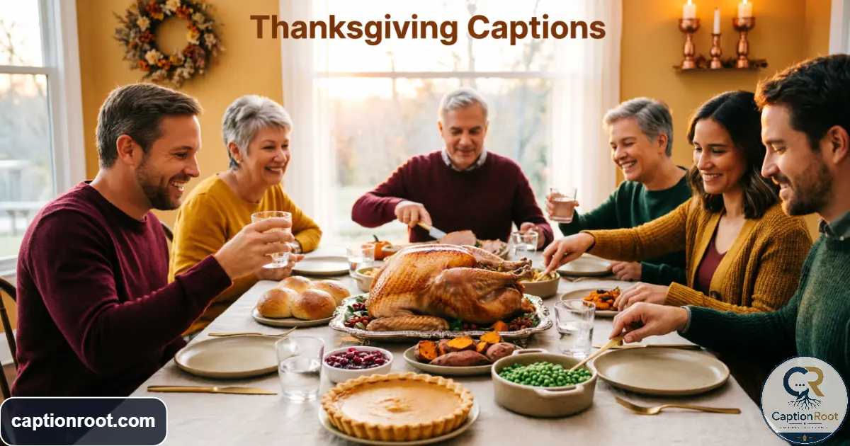 Family and friends gathered around a Thanksgiving dinner table with festive food