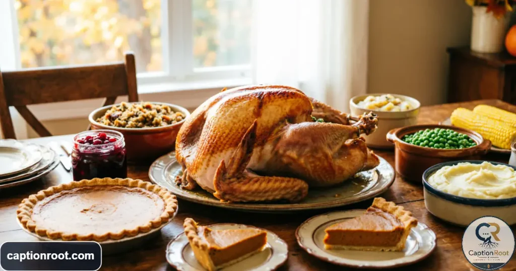 Roasted turkey, pumpkin pie, and Thanksgiving leftovers arranged on a festive dinner table

