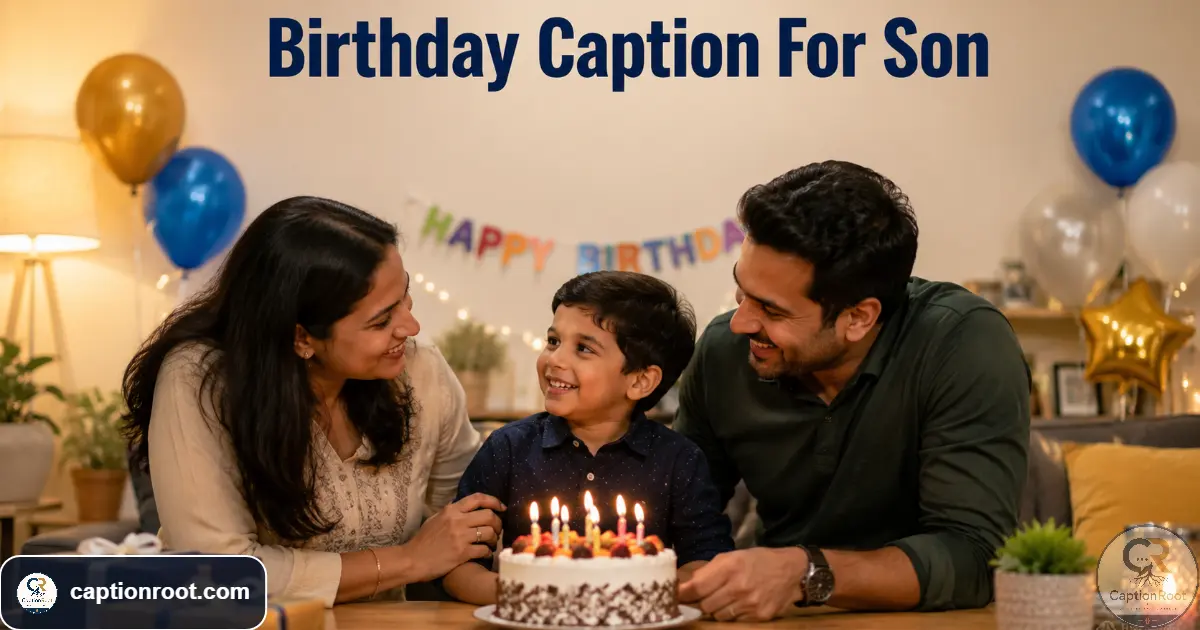 Mother and father celebrating their son's birthday beside a decorated cake.