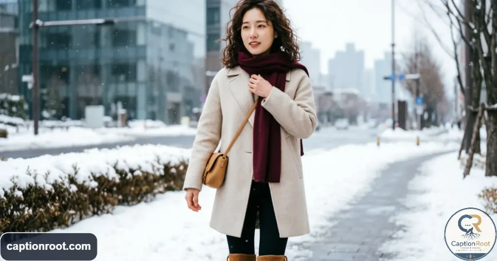 Young woman posing naturally in a stylish winter coat surrounded by snow
