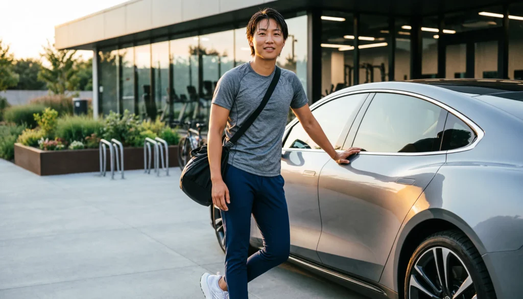 Confident young adult beside a modern car after a gym session