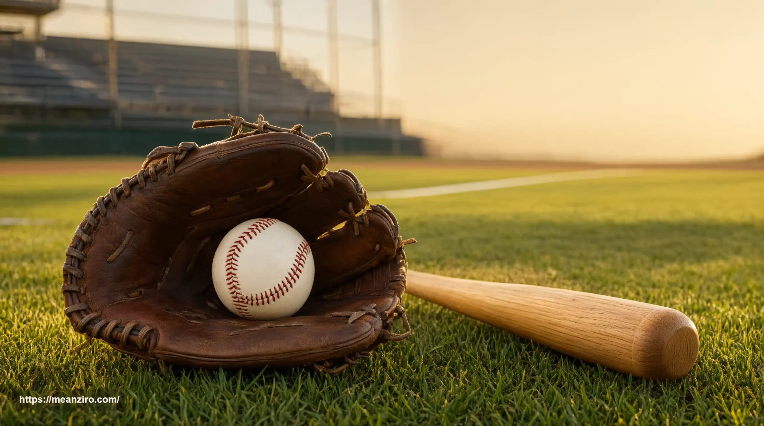 Baseball and leather glove on the field with a bat nearby in warm afternoon light.