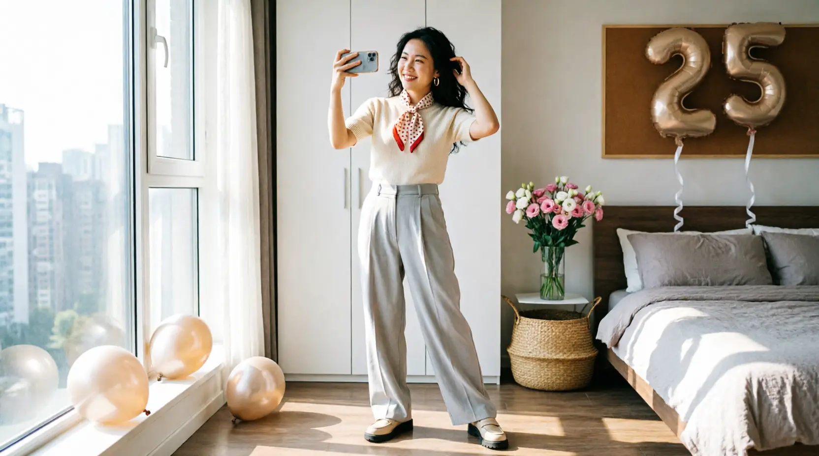 Stylish young adult posing for birthday outfit photos with a smartphone

