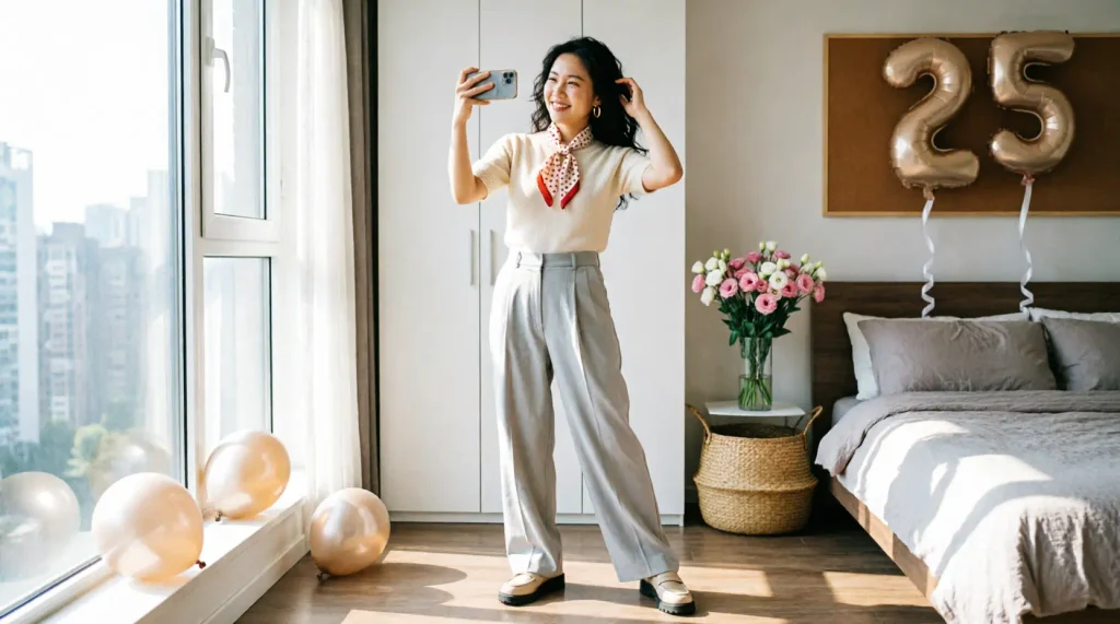 Stylish young adult posing for birthday outfit photos with a smartphone
