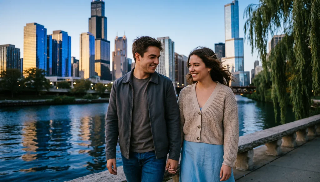 Couple enjoying an evening Chicago skyline view together