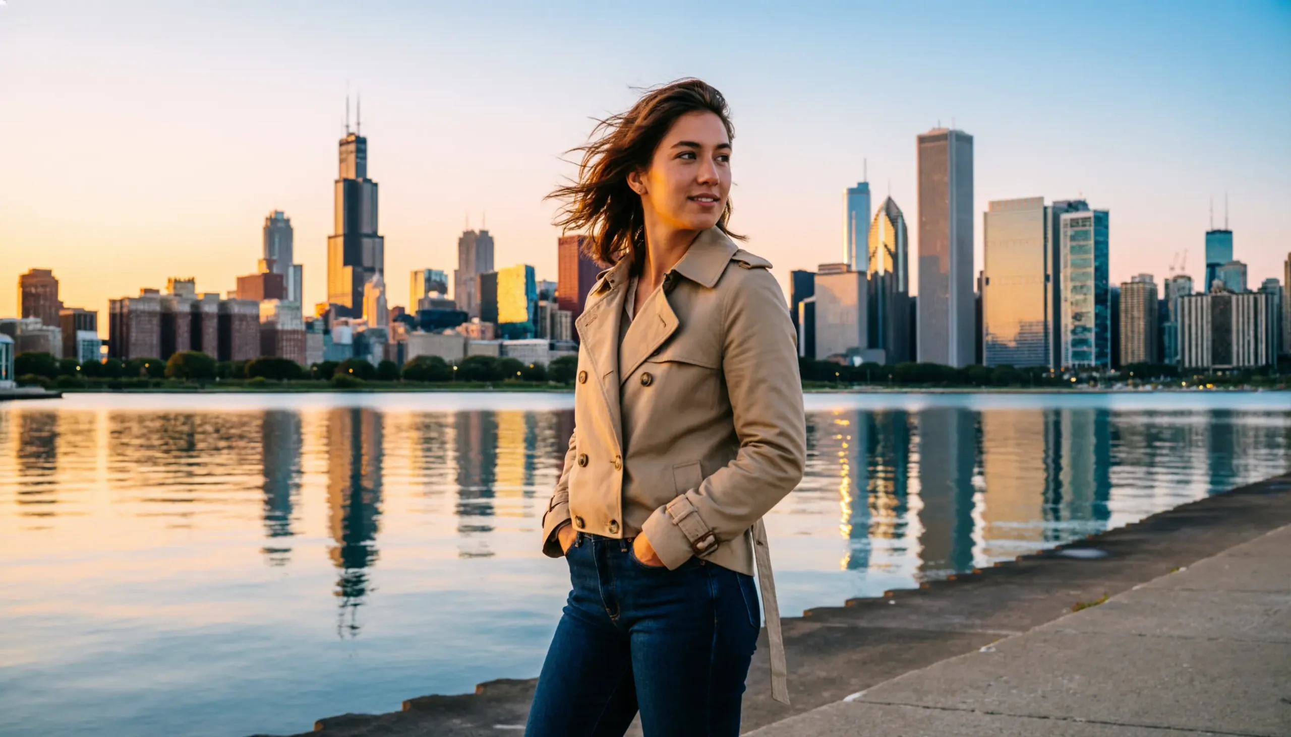 Chicago skyline glowing above the lakefront during golden hour