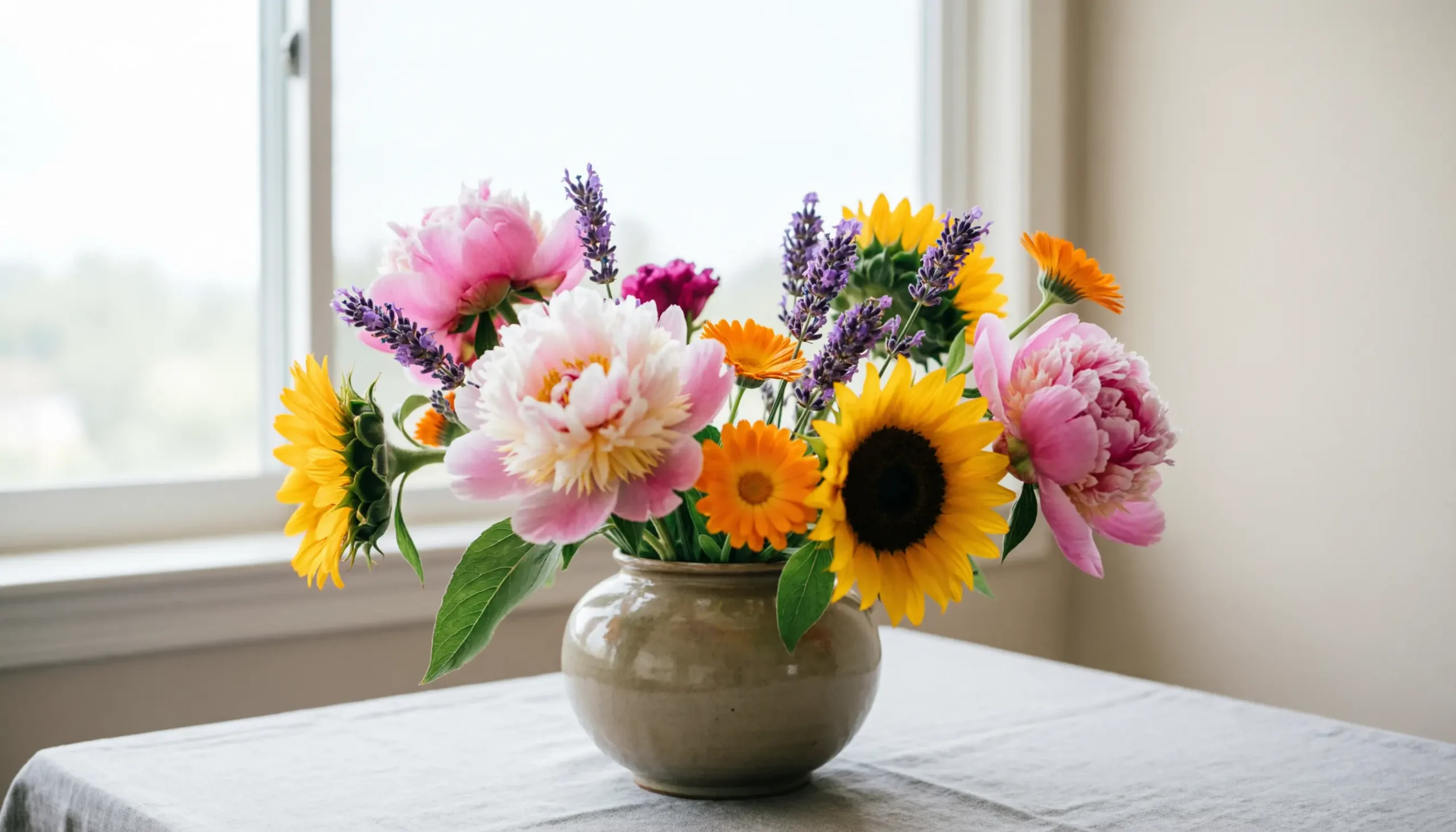 Colorful flowers arranged naturally in soft daylight with space for a caption heading