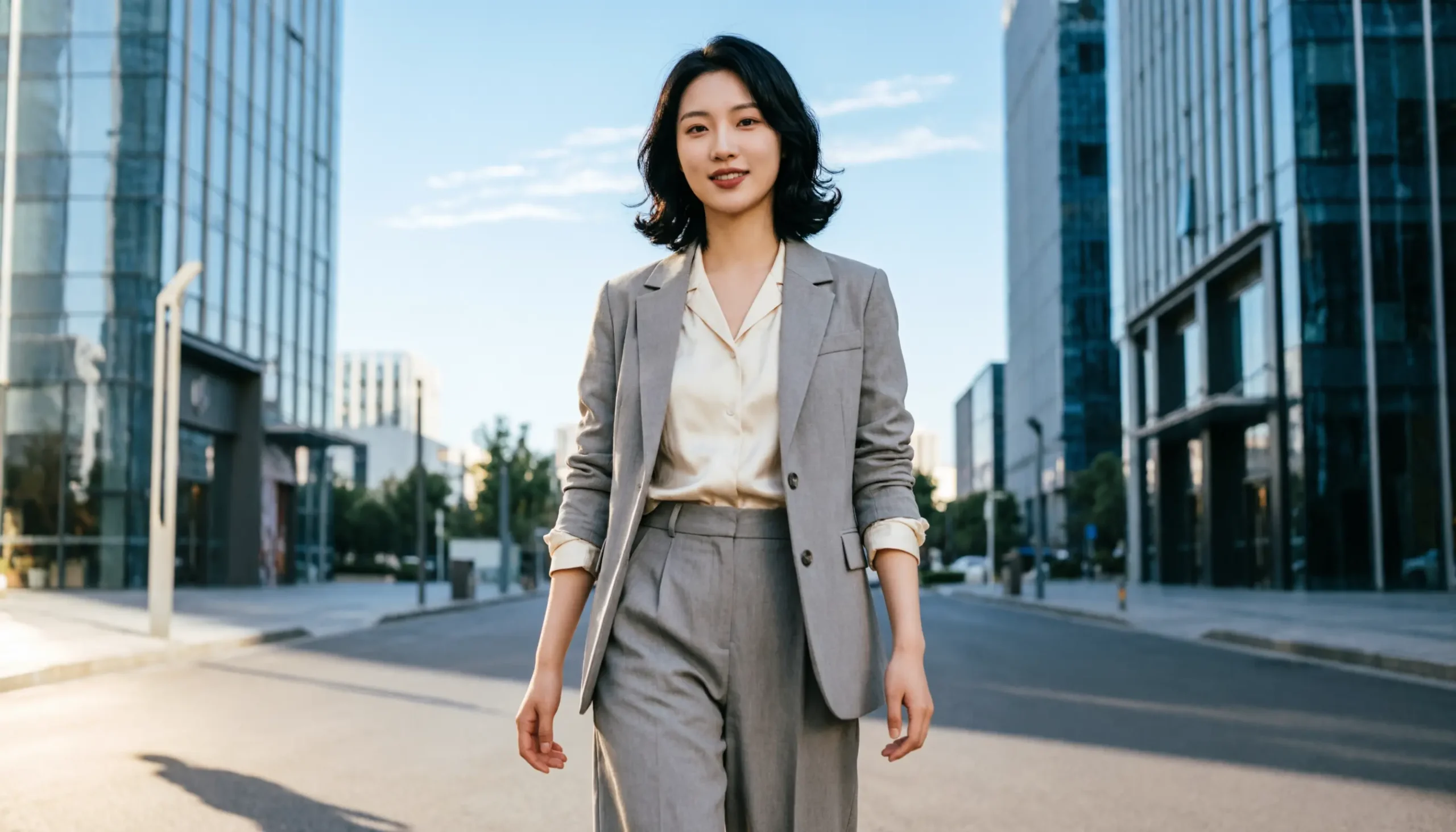 Stylish young adult posing confidently on a modern city street