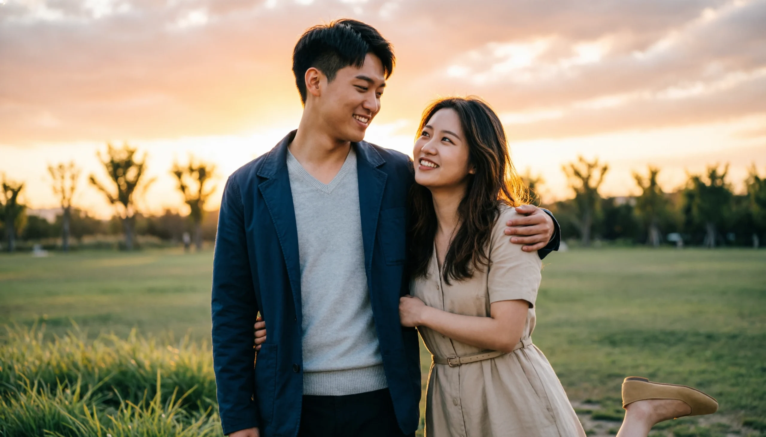 Young couple smiling together outdoors during a warm golden hour