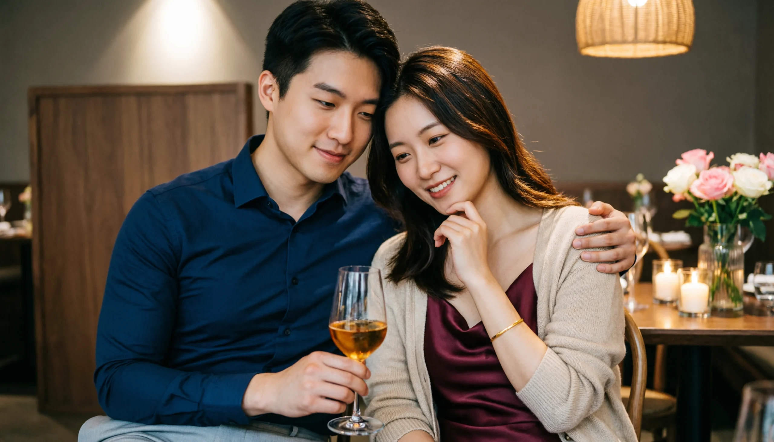 Happy couple celebrating their anniversary together during a romantic evening