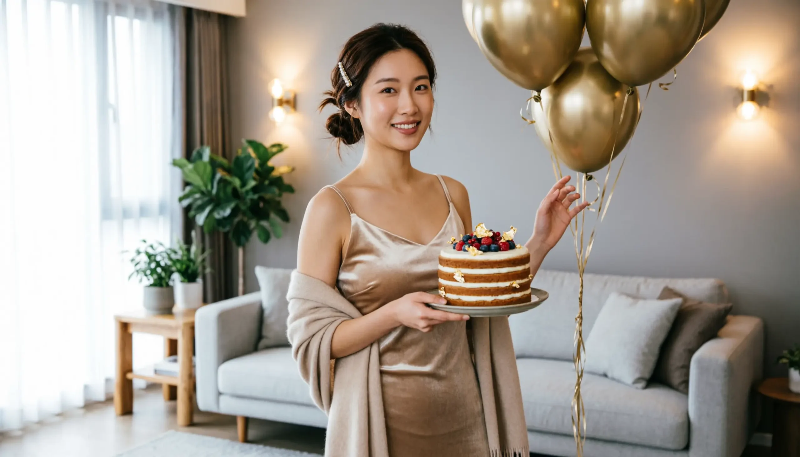 Young adult celebrating a 26th birthday with cake and balloons indoors
