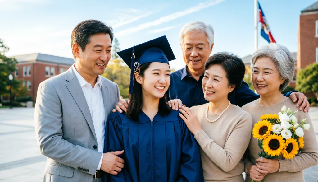 College graduate celebrating commencement with proud parents and family members