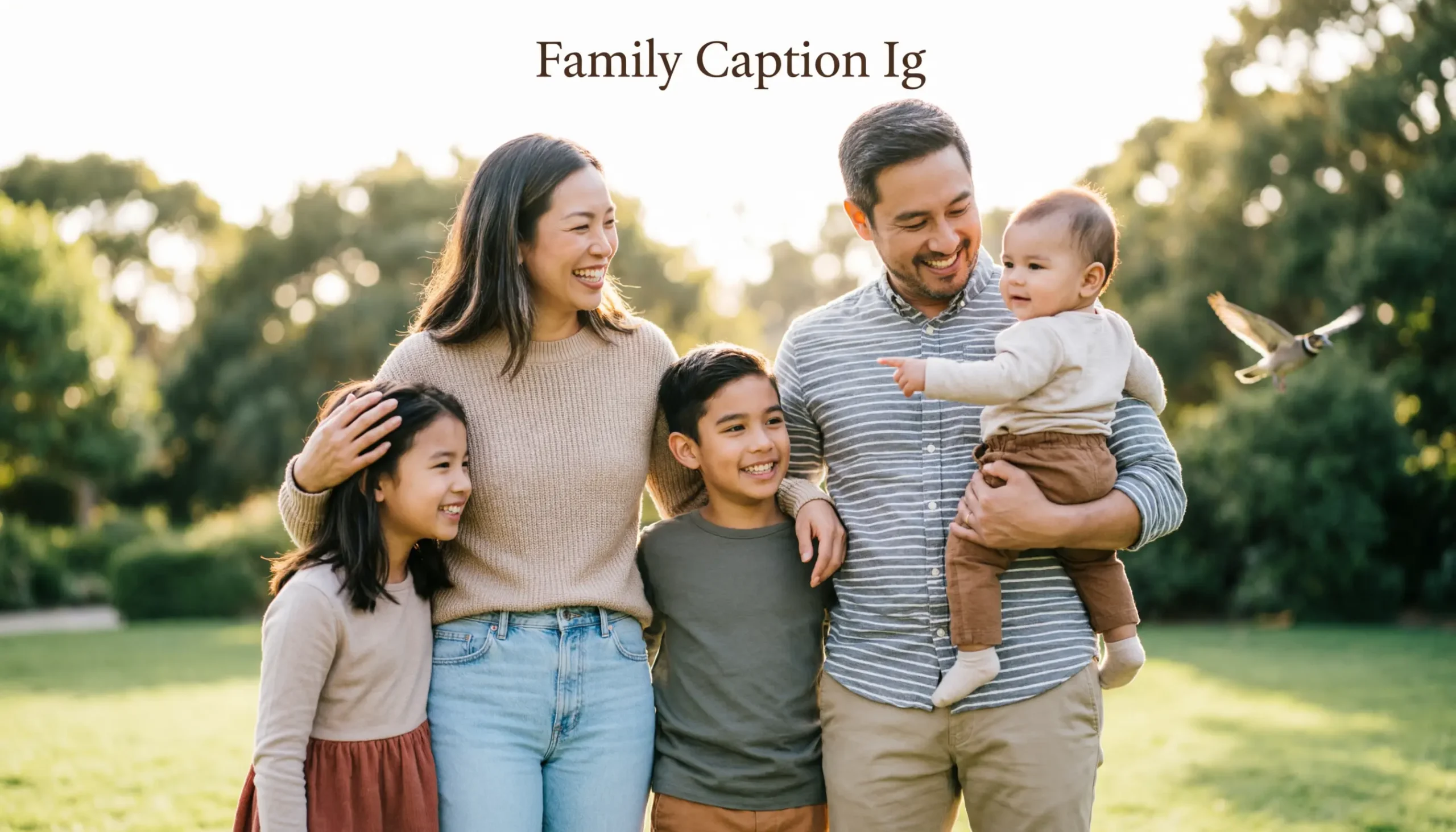 Happy family posing together outdoors for an Instagram photo