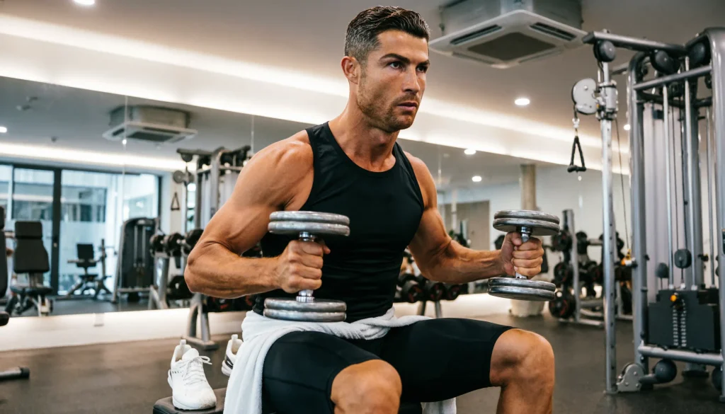Athlete training intensely inside a modern football fitness facility
