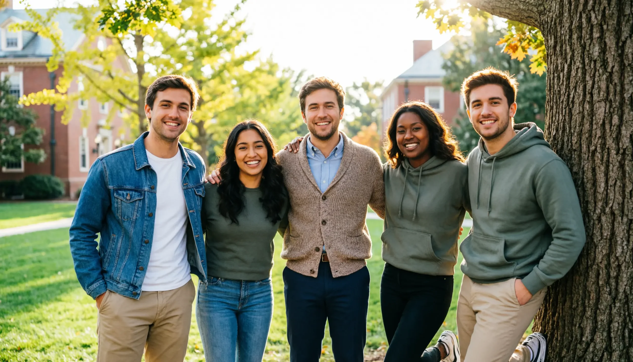 Adult fraternity friends posing together in casual outfits on a college campus.