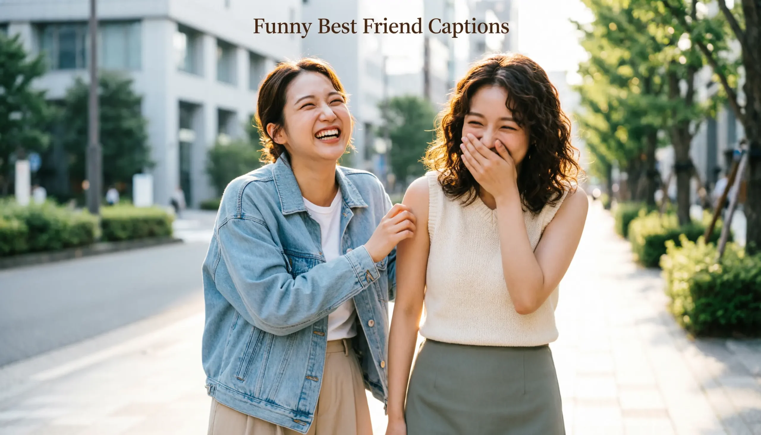 Two best friends laughing together in a casual outdoor portrait with space for a heading.