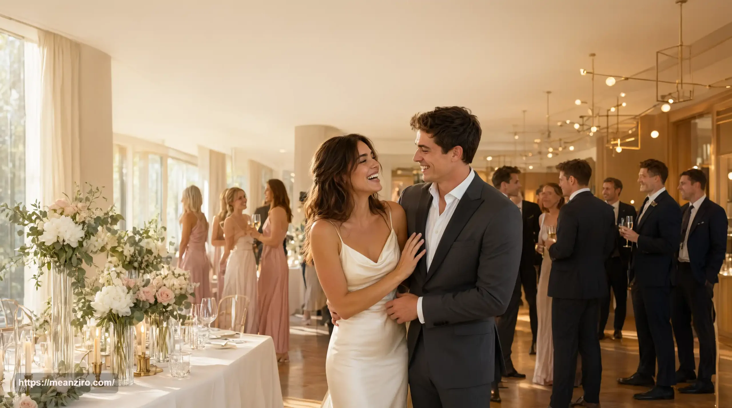 Newlywed couple laughing together at a wedding reception with elegant decorations and warm lighting