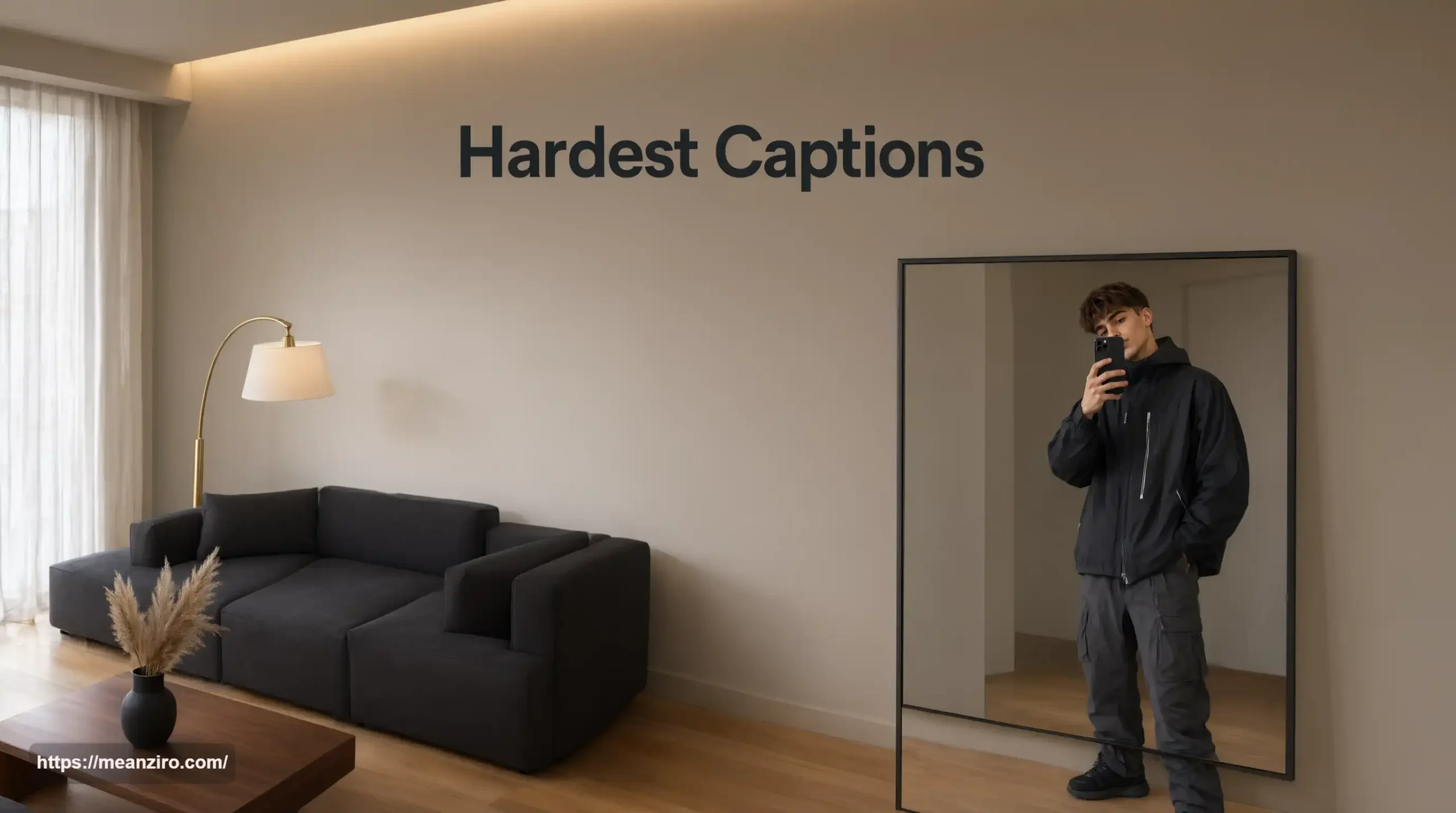 Confident young adult in a streetwear outfit holding a phone for a mirror selfie in a modern urban setting.