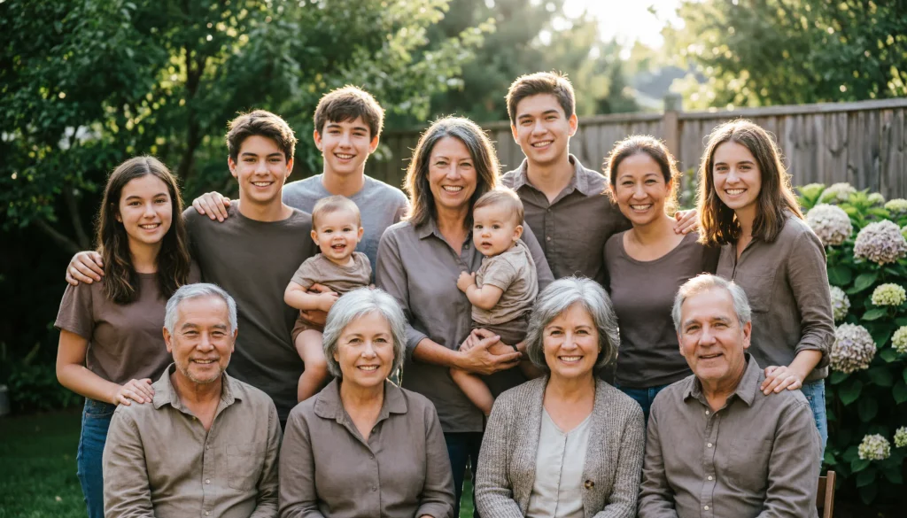 Large family group posing together for a memorable outdoor photograph