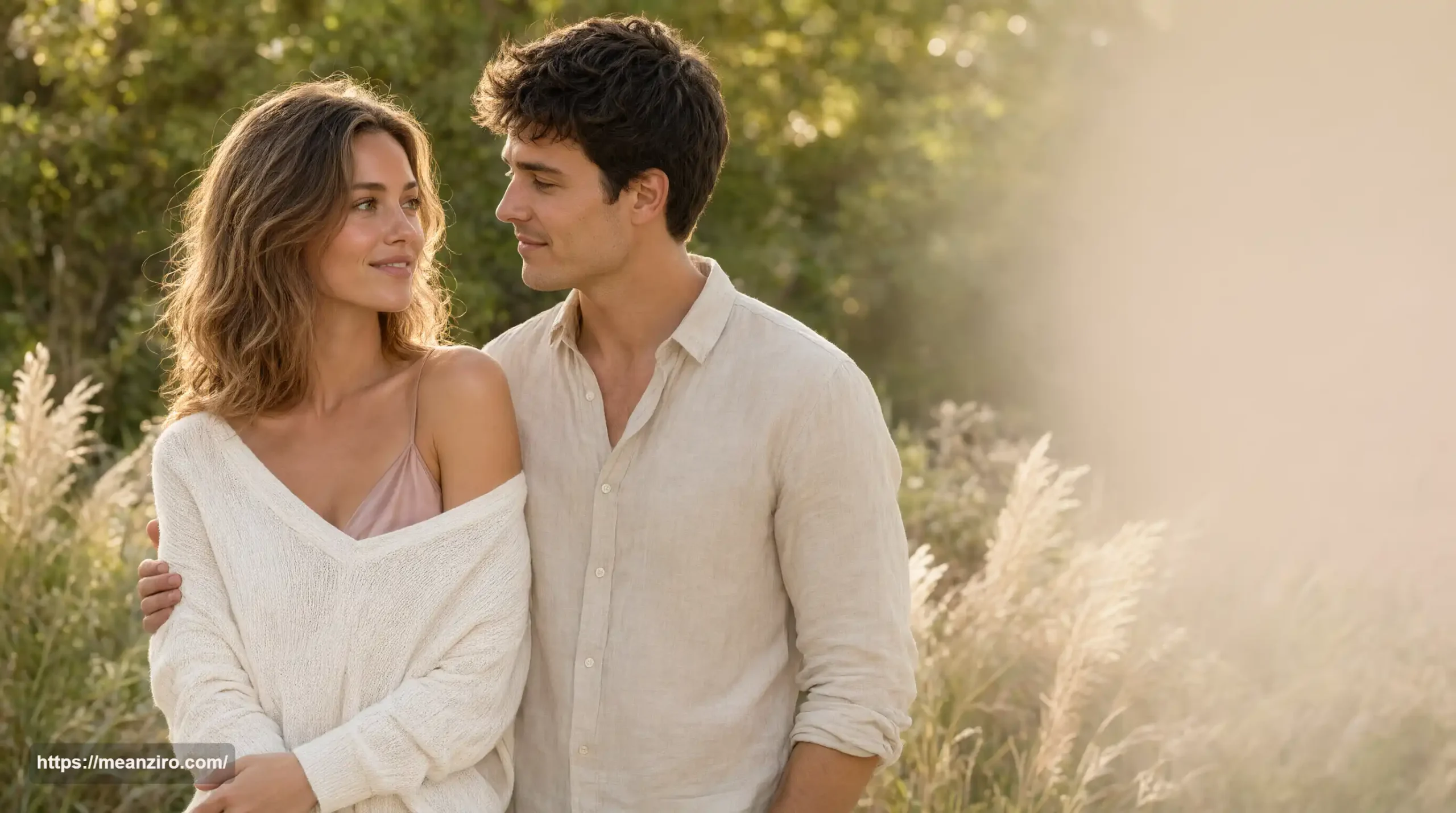 A happy couple sharing a romantic moment in warm golden hour light.