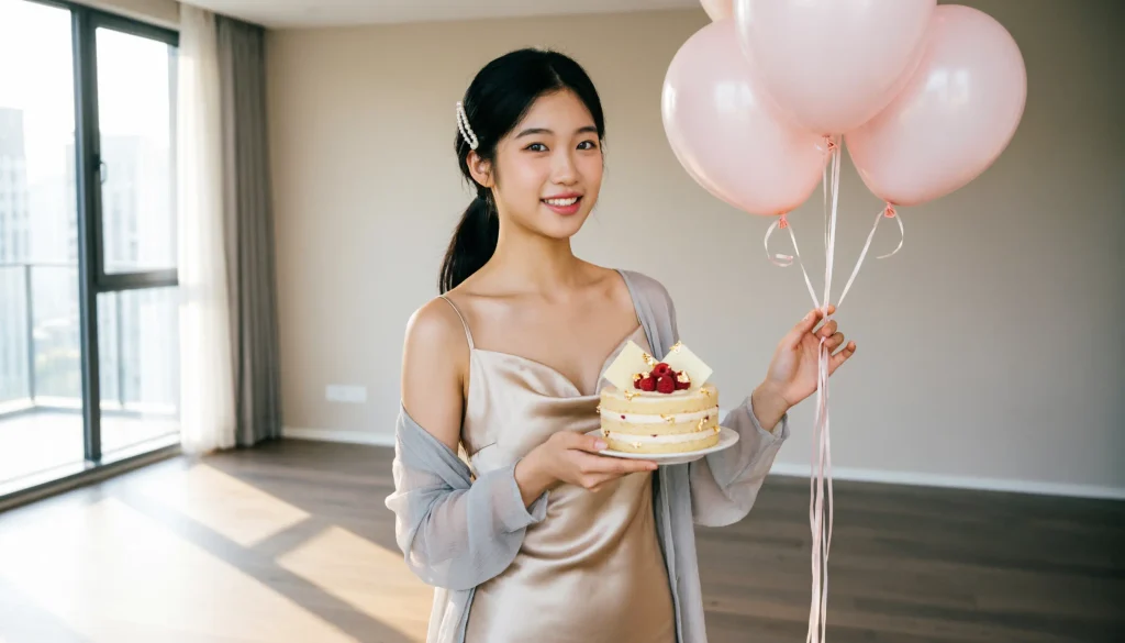 Young adult celebrating an 18th birthday with cake and balloons
