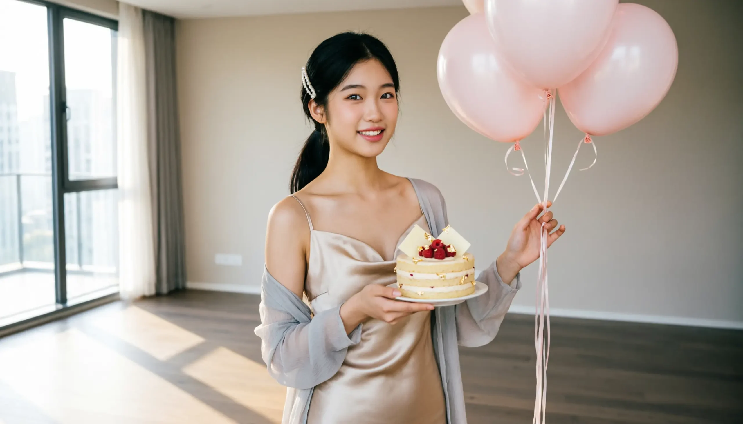 Young adult celebrating an 18th birthday with cake and balloons