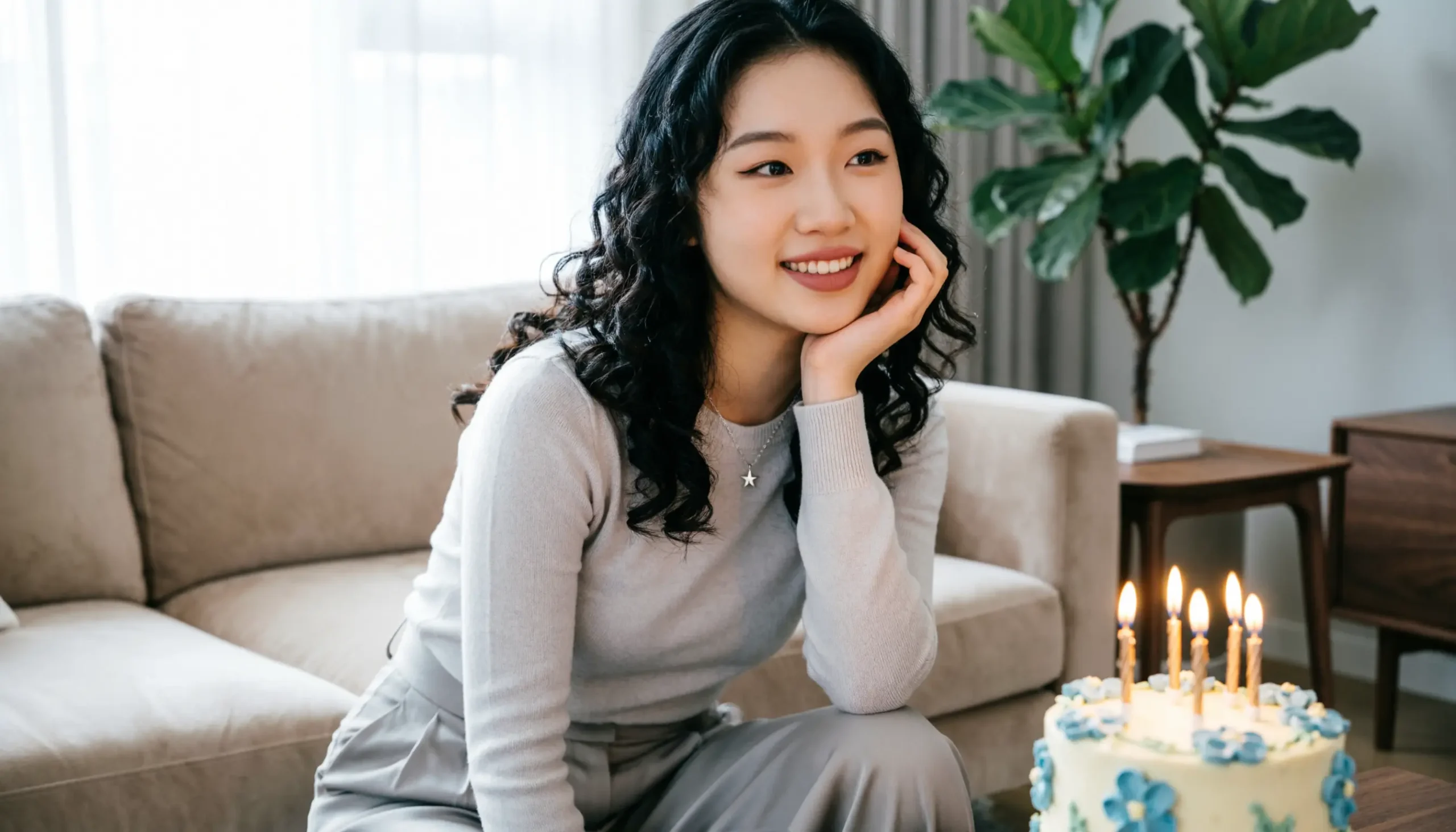 Young adult celebrating a 19th birthday with cake and candles