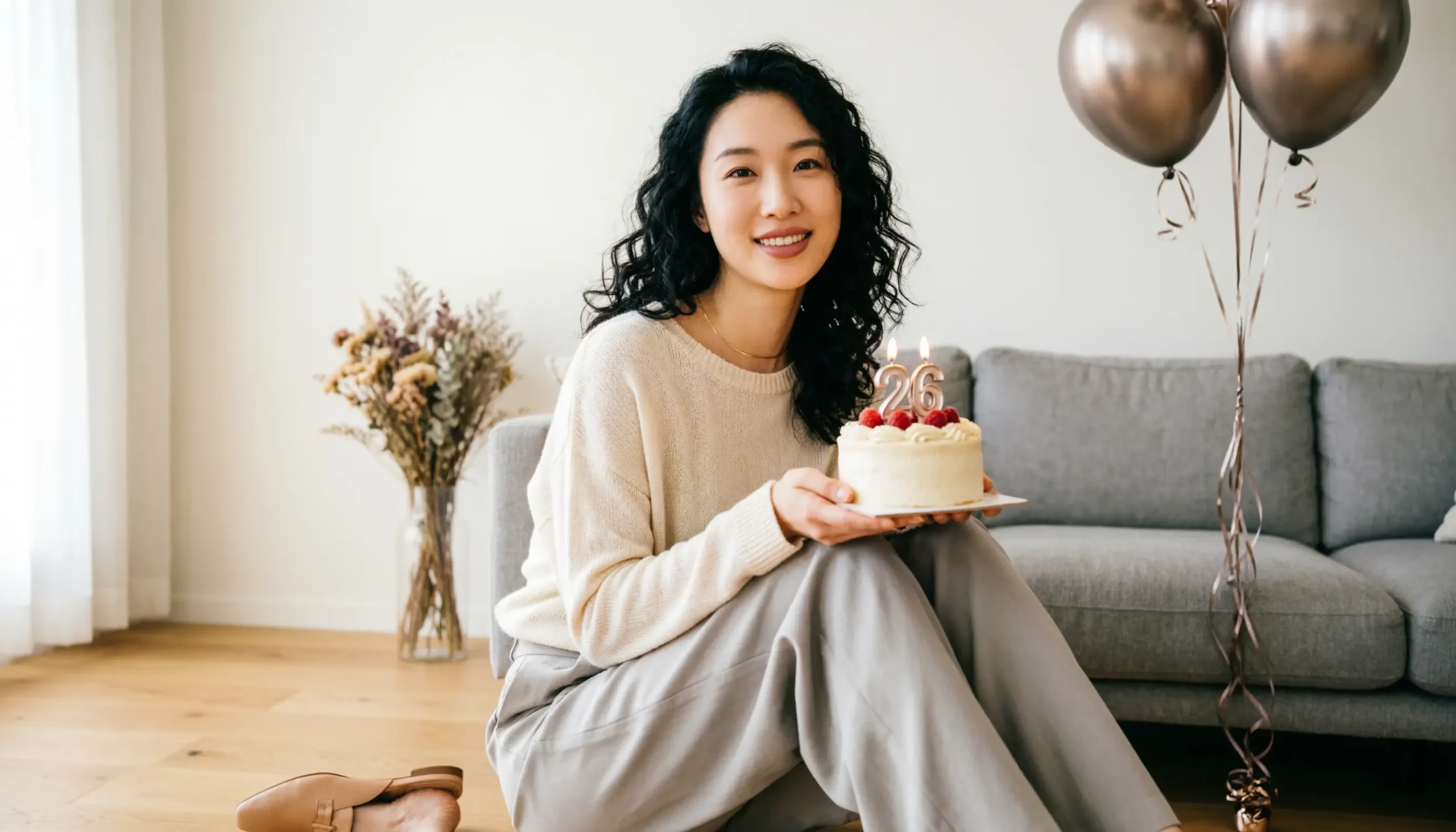 Young adult celebrating a 26th birthday with cake and balloons