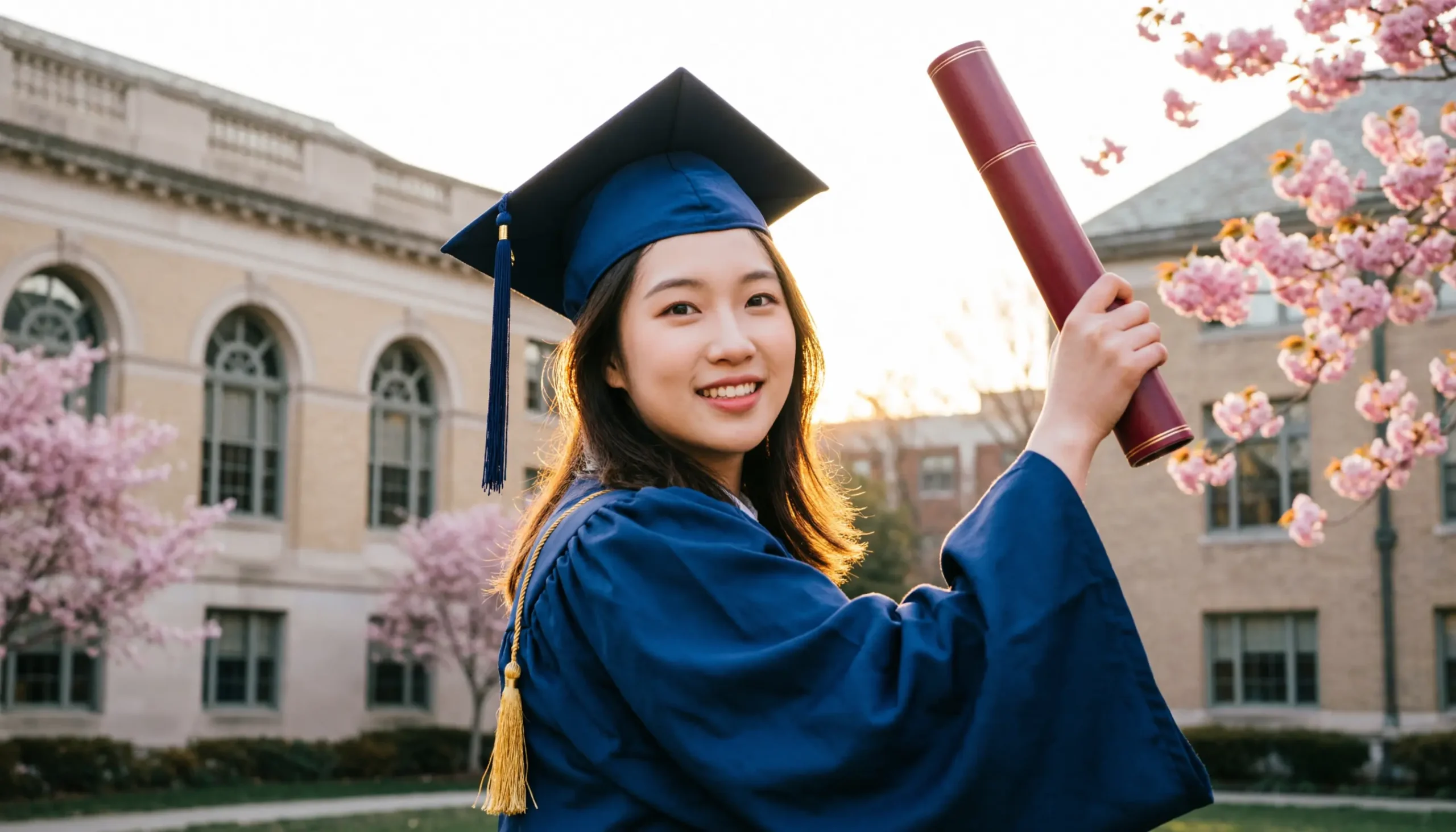 College graduate in cap and gown celebrating outside a university campus