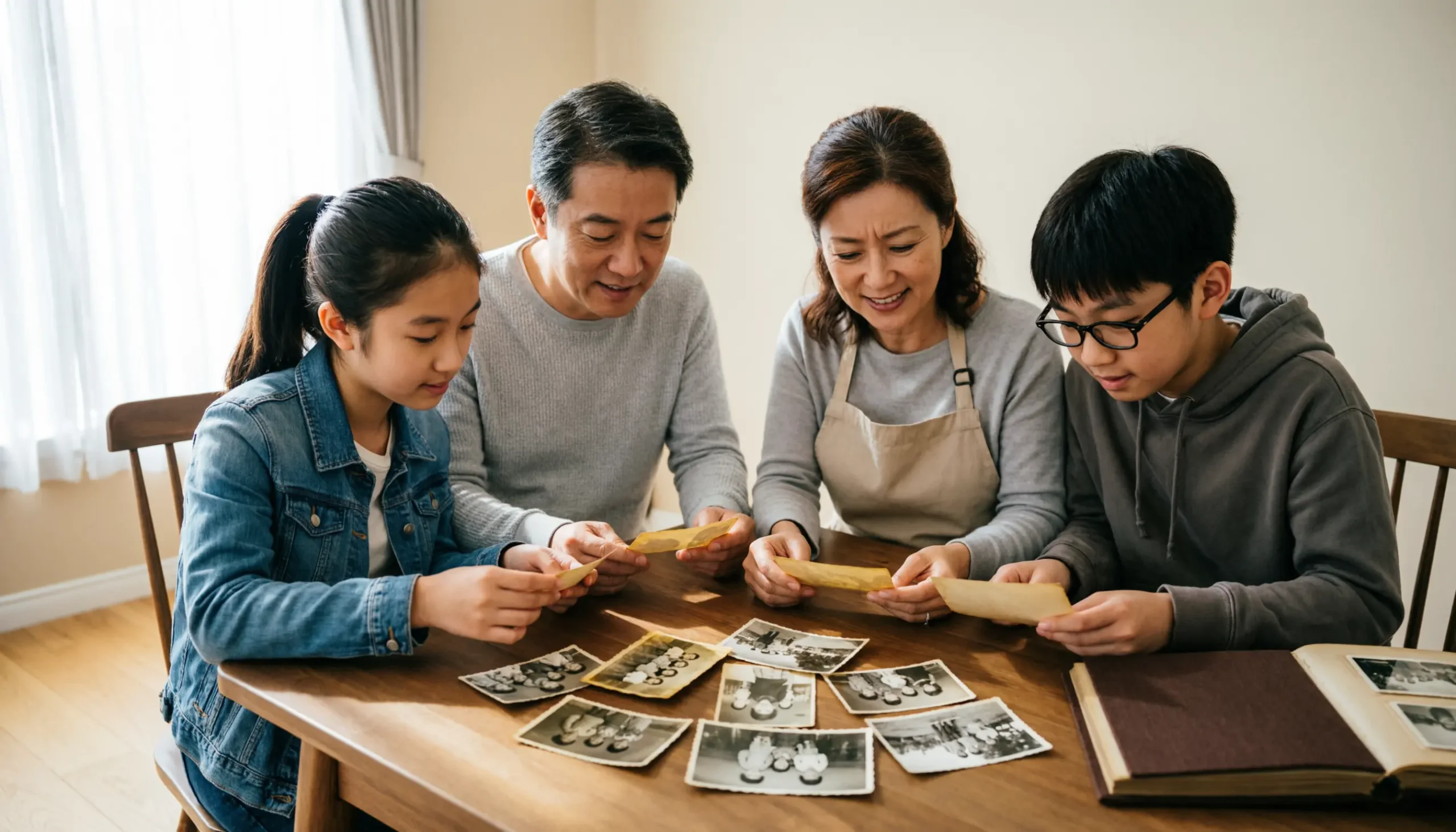 Family looking through old photographs together at a dining table
