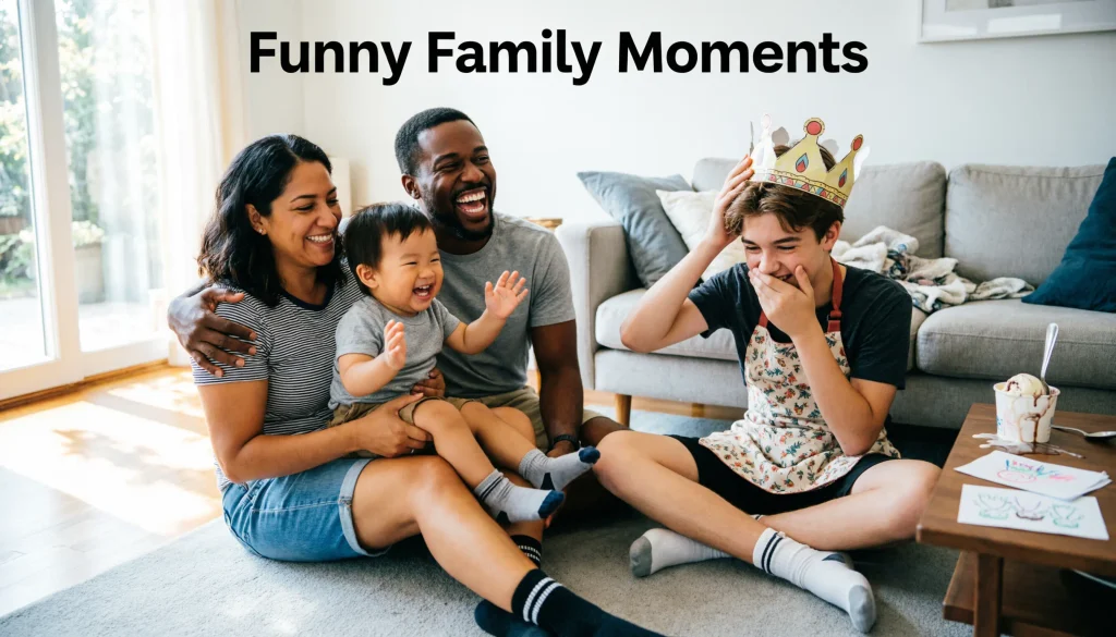 Family members laughing together during a playful candid gathering at home