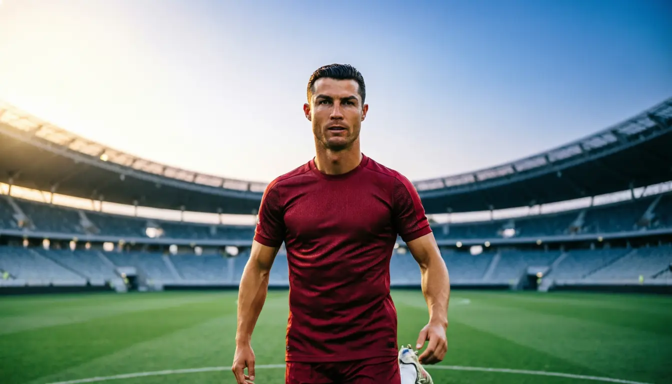 Confident football star portrait in a stadium with clean space above
