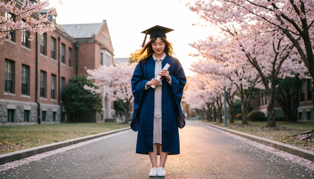 College graduate reflecting emotionally on campus after commencement ceremony