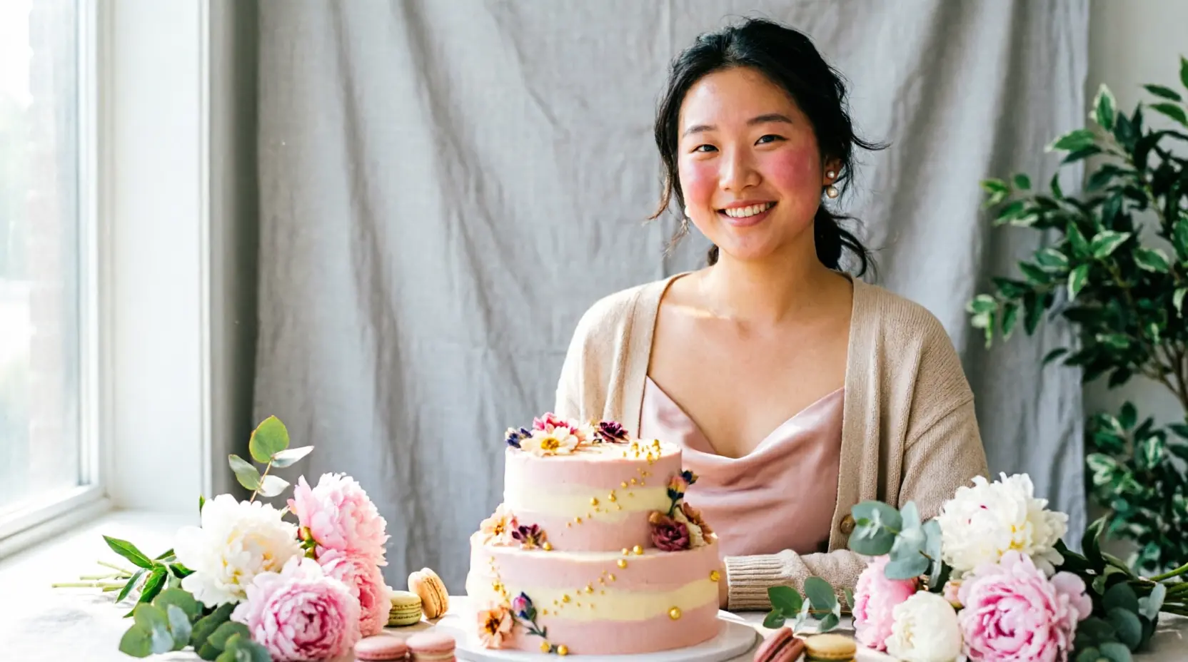 Smiling young adult surrounded by soft birthday decorations and flowers
