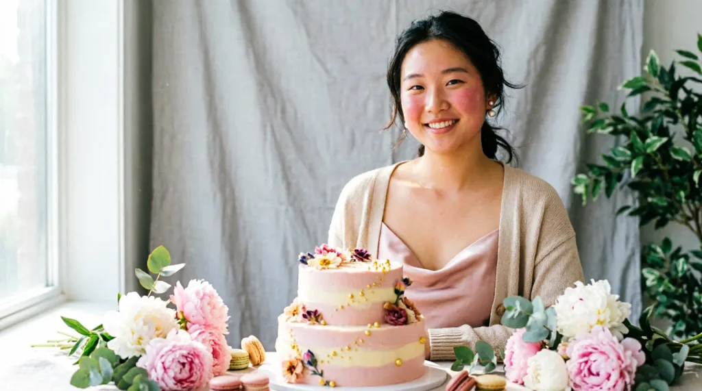 Smiling young adult surrounded by soft birthday decorations and flowers