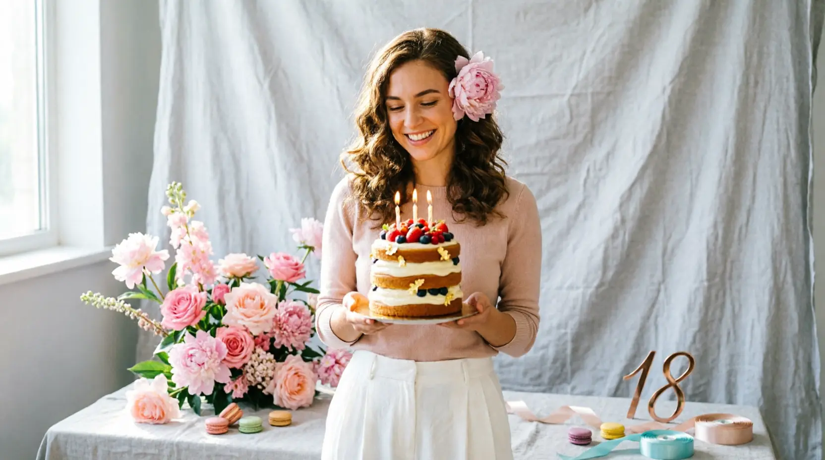 Smiling young adult surrounded by soft birthday decorations and flowers
