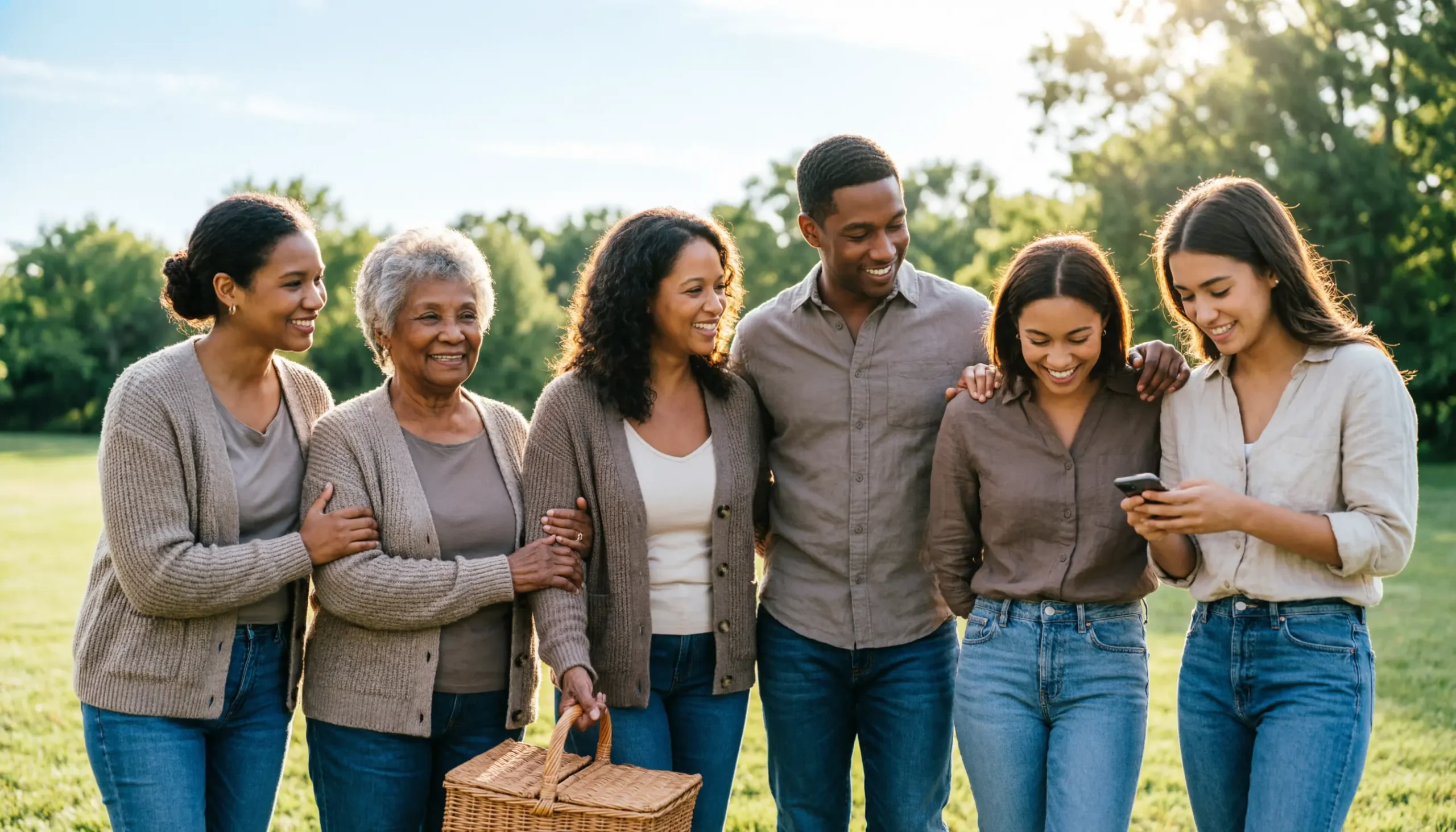 Happy multigenerational family posing together outdoors for an Instagram photo